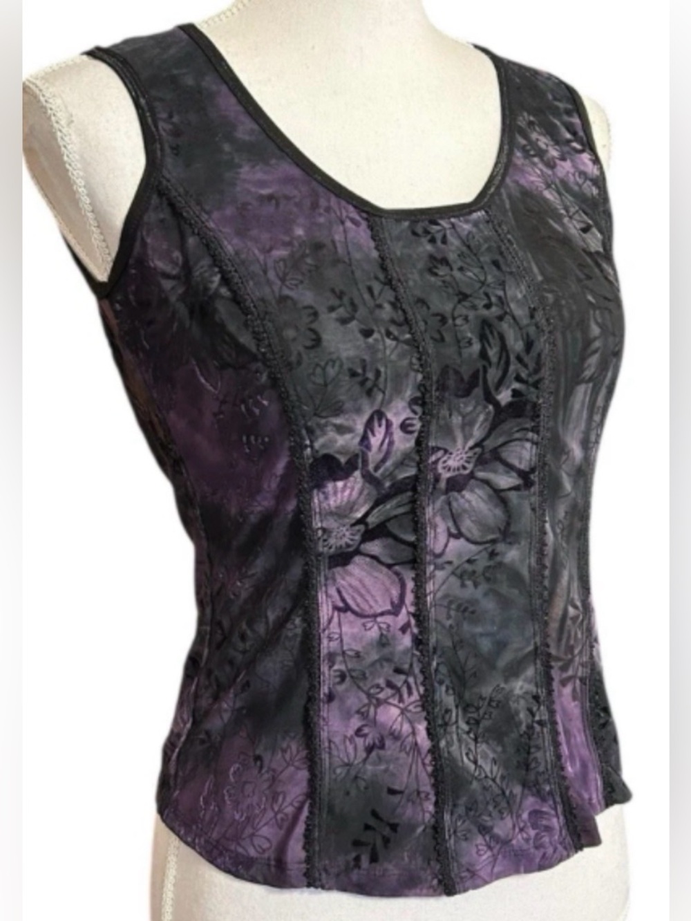 Whimsygoth Burnout Y2K Corset Top S Purple Black Fairy Witch Floral Goth